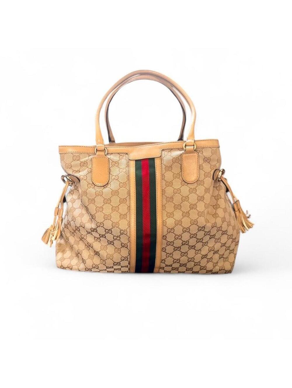 Gucci Tan Brown GG Canvas Tote with Web Stripe and Tassels
